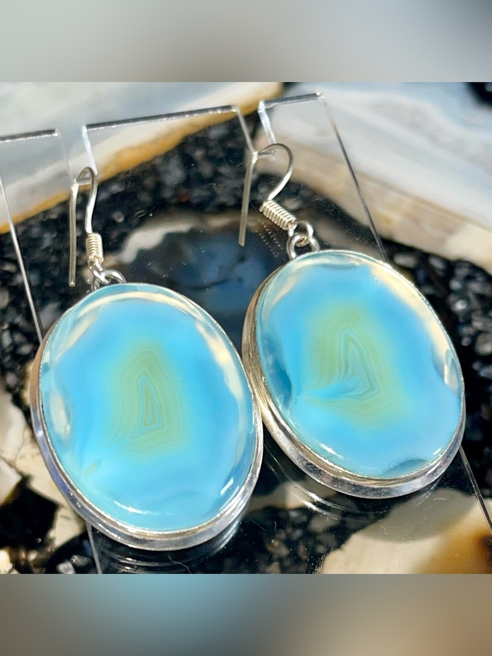 Polished Translucent Blue Sliced Agate Earrings 2”